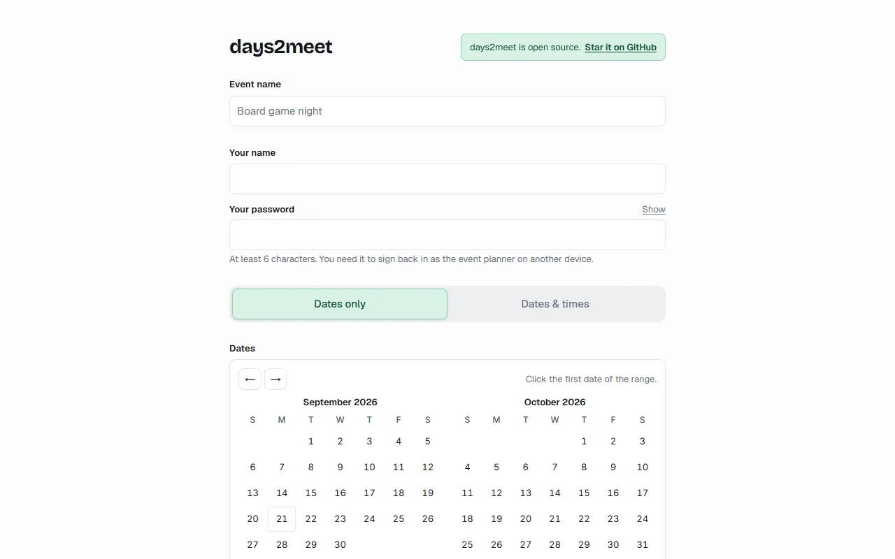 The Days2Meet create-event form, with the "Dates only" mode selected above a two-month calendar.