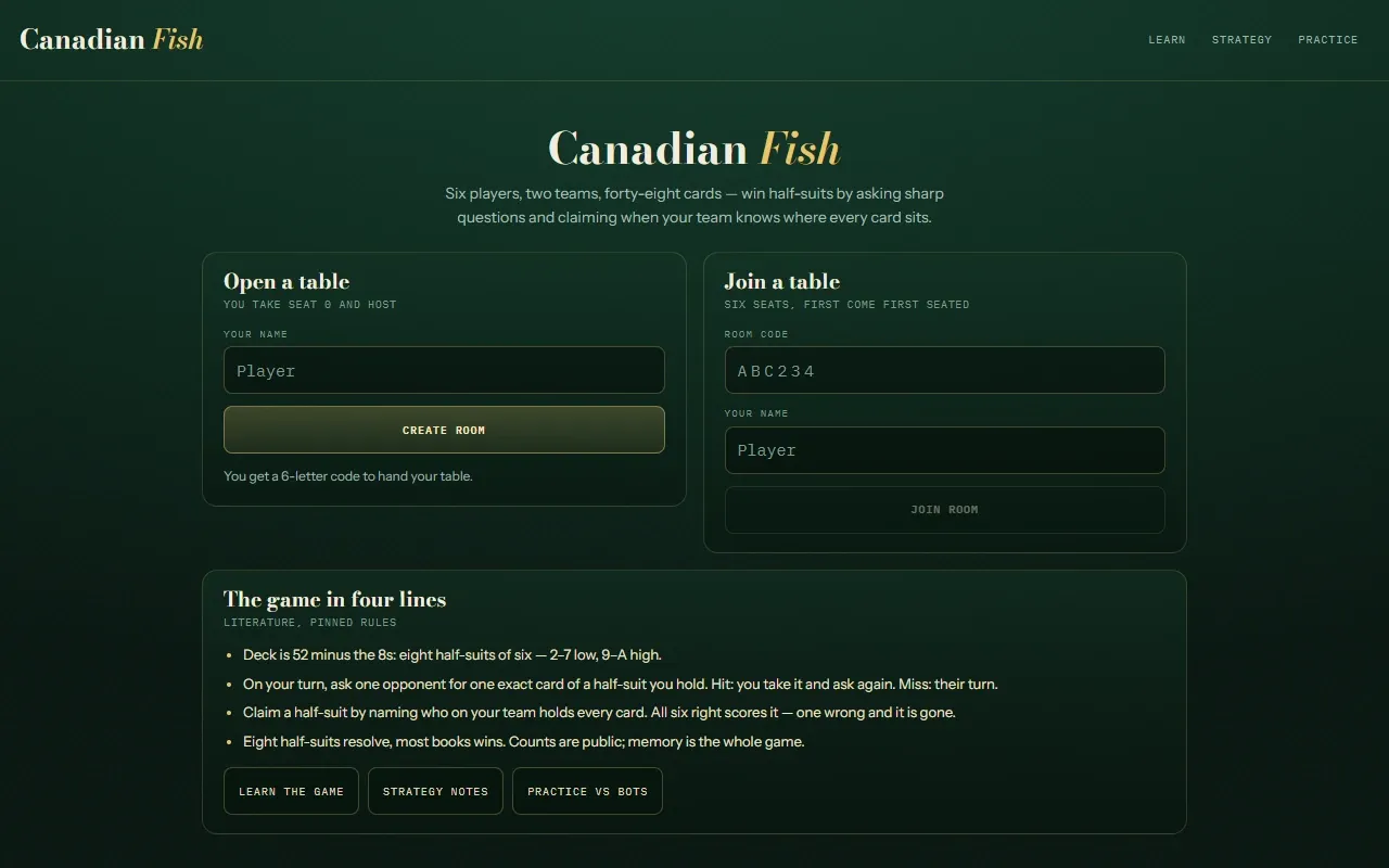 The Canadian Fish lobby, with one card to open a table, one to join with a six-letter room code, and the rules in four lines.